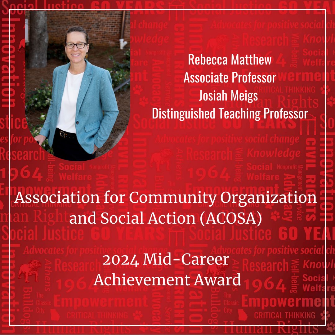 Congratulations to Associate Professor Rebecca Matthew, who has been honored with the 2024 Mid-Career Award from <a href="/acosaorg/">ACOSA</a>! She will be recognized at the ACOSA Membership Meeting &amp; Award Reception at CSWE-APM. #cswe24