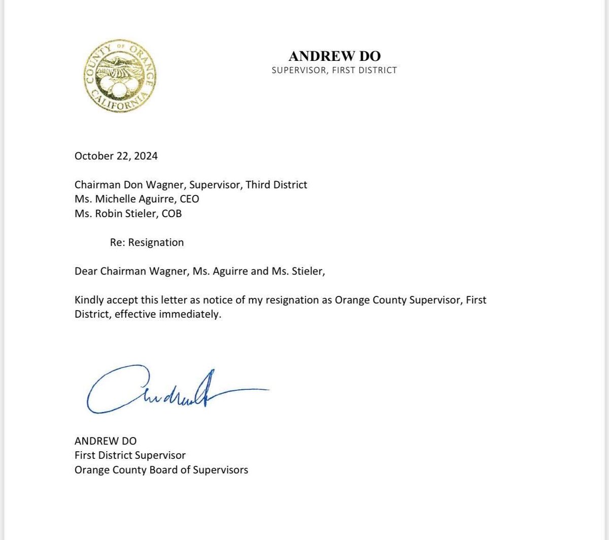 BREAKING: OC Supervisor Andrew Do resigns effective immediately, following announcement he agreed to plead guilty in scheme to steal millions of dollars meant to feed needy seniors.