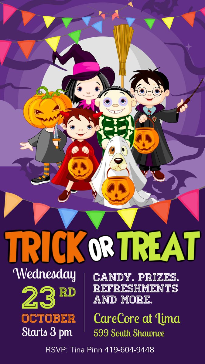 CarecoreLima's tweet photo. 👻🎃 Reminder: Tomorrow is the day! Join us for a spooktacular Trick or Treat at CareCore in Lima at 3 PM! Tons of candy, prizes, and refreshments await! Don’t forget to RSVP to Tina Pinn! Can’t wait to see all you ghouls and goblins! #TrickOrTreat #Halloween https://t.co/jyIan3WDwY
