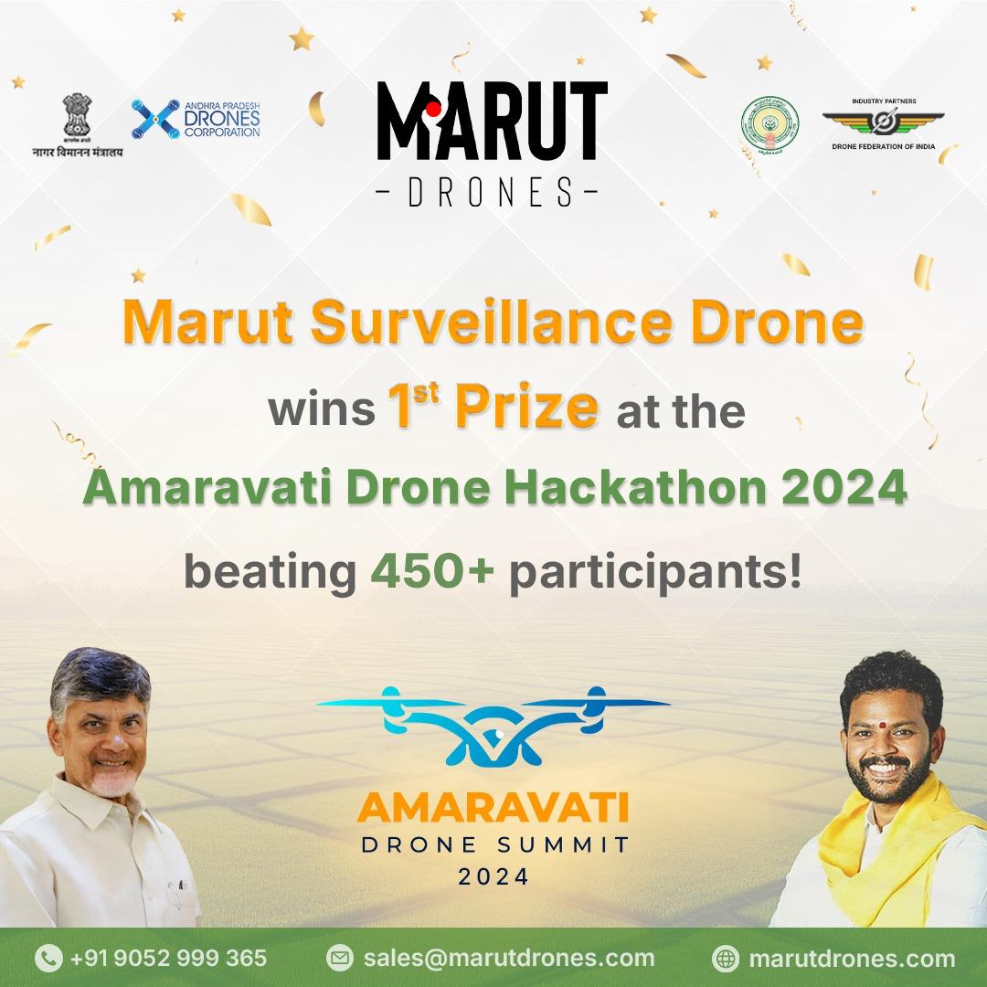 Marut Drones (@marutdrones1) on Twitter photo Thrilled to announce that Marut Drones has won 1st Prize at the Amaravati Drone Hackathon 2024, standing out among 450+ participants!
<a href="/ncbn/">N Chandrababu Naidu</a>
@rammnk
<a href="/governorap/">governorap</a>
<a href="/dronefed/">Drone Federation India (DFI)</a>
<a href="/APDronesCorp/">AP Drones</a> Thrilled to announce that Marut Drones has won 1st Prize at the Amaravati Drone Hackathon 2024, standing out among 450+ participants!
<a href="/ncbn/">N Chandrababu Naidu</a>
@rammnk
<a href="/governorap/">governorap</a>
<a href="/dronefed/">Drone Federation India (DFI)</a>
<a href="/APDronesCorp/">AP Drones</a>