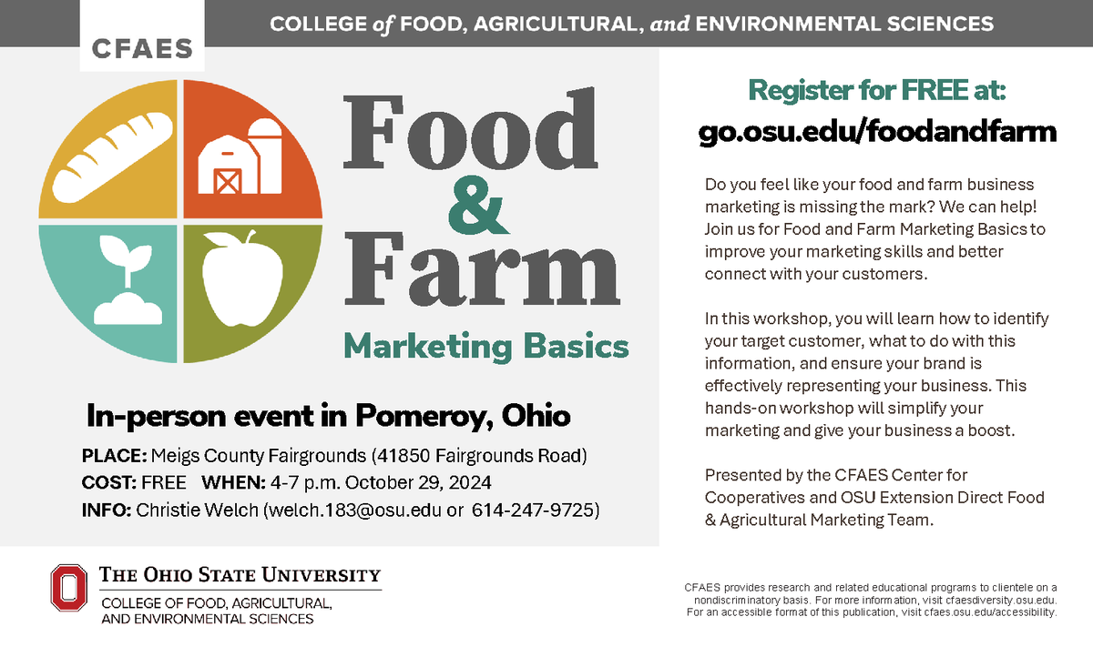 OSUCooperatives's tweet photo. If you feel like your food and farm business marketing is missing the mark, there is still time to register for Food and Farm Marketing Basics. Register for free: https://t.co/BeBXx5ew51. Held 3-6 p.m. on Oct 29, at the Meigs Co Fairgrounds in Pomeroy, Ohio. https://t.co/6pYQWGyqyd