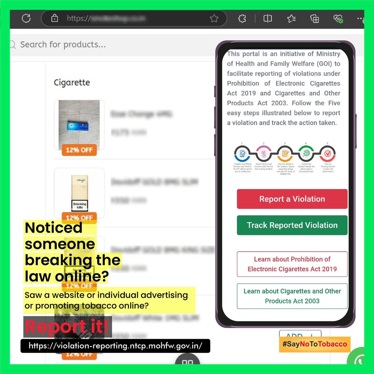 MoHFW_INDIA's tweet image. See a violation of COTPA 2003? Don’t stay silent—report it! 🚫
Your vigilance can help create smoke-free spaces and protect public health. Let’s work together for a tobacco-free environment.
#SayNoToTobacco
#ReportViolations
#COTPA2003