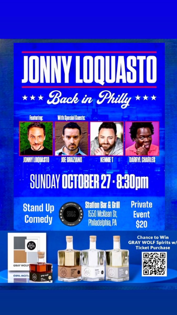 comedianken's tweet photo. #philly #southphilly Oct.27th Sunday Night 8:30pm following the @Eagles Victory! Scan QR for discounted tickets. $20 at Doors 
Buy online - enter to WIN a Bottle of Gray Wolf Spirits https://t.co/SIbM5ksbkp