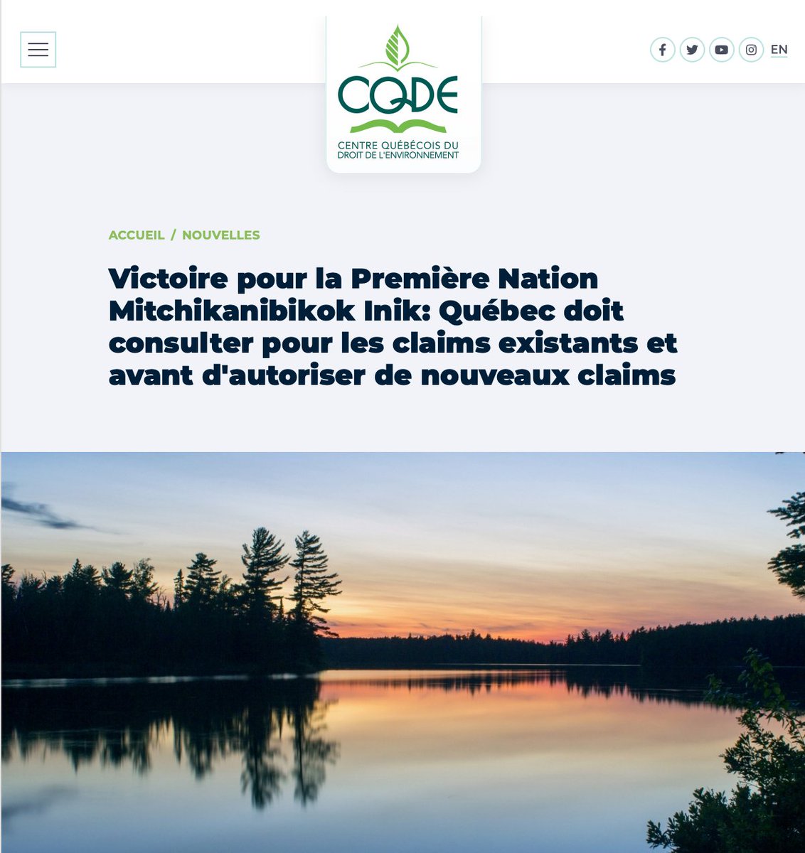 Une victoire importante, pour les Premières Nations mais aussi pour les québécois.es.
@_CQDE 
@ecojustice_ca 
<a href="/quebecmines/">QuébecMeilleureMine</a> 
<a href="/MiningWatch/">MiningWatch Canada</a> 

cqde.org/fr/nouvelles/v…
