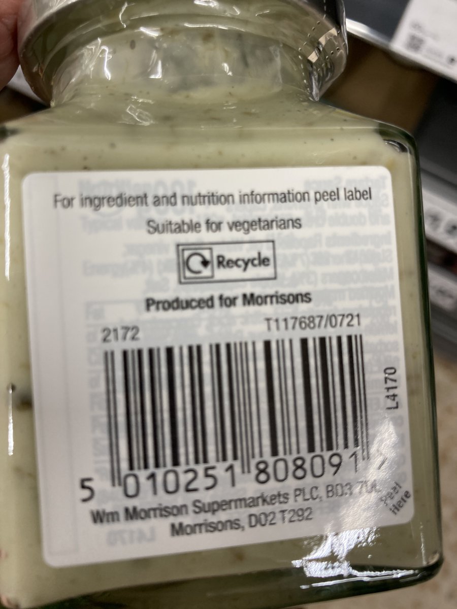 This tartare sauce from Teesside Morrisons has no visible label with ingredients, surely against the law? gov.uk/food-labelling…. <a href="/Morrisons/">Morrisons</a> <a href="/Coeliac_UK/">Coeliac_UK</a> <a href="/stocktoncouncil/">Stockton-on-Tees Borough Council</a> trading standards.  You can only peel after buying.