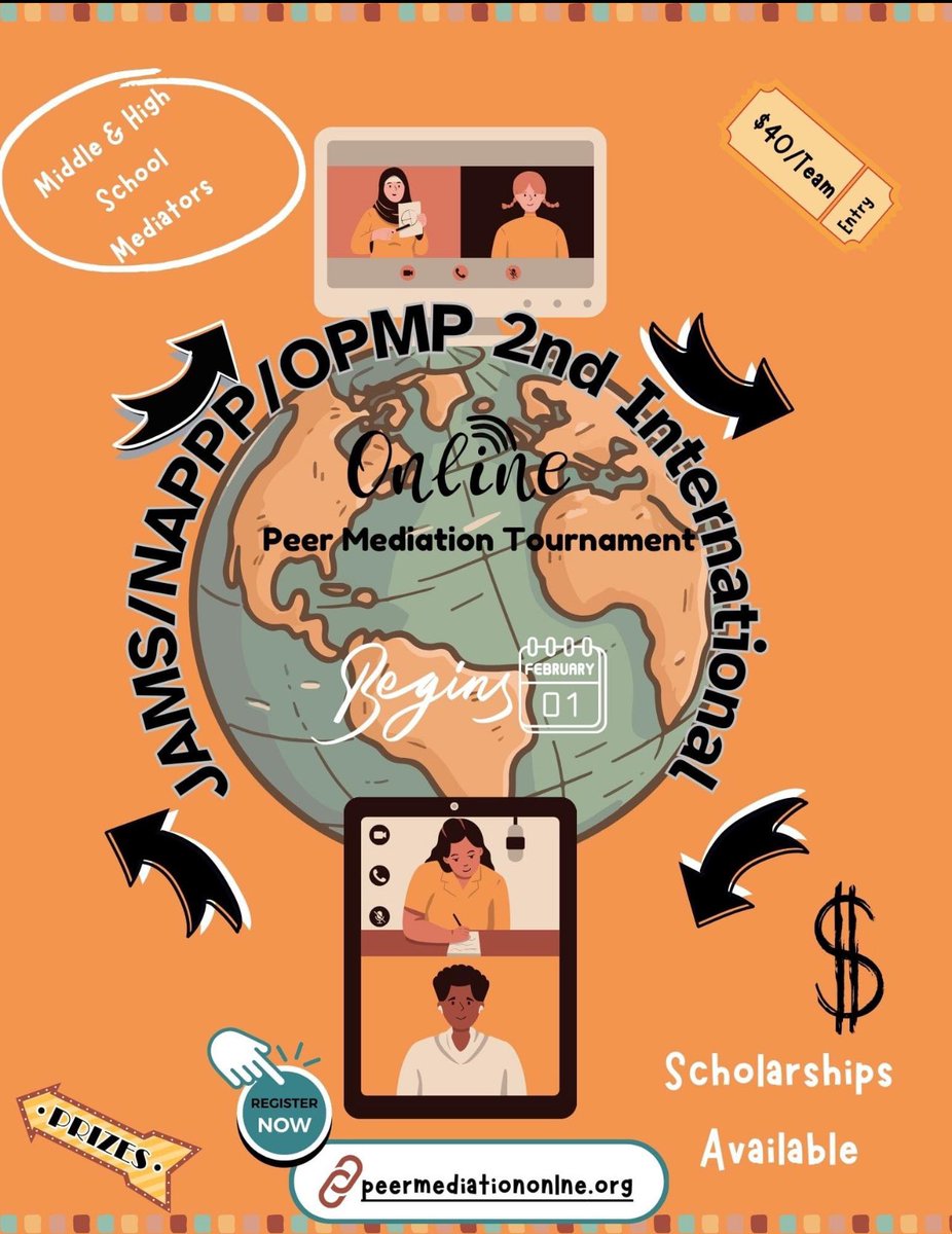Registration for the 2nd Annual JAMS/NAPPP/OPMP International Peer Mediation Tournament is now for middle and high school students. Go to our website to learn more.