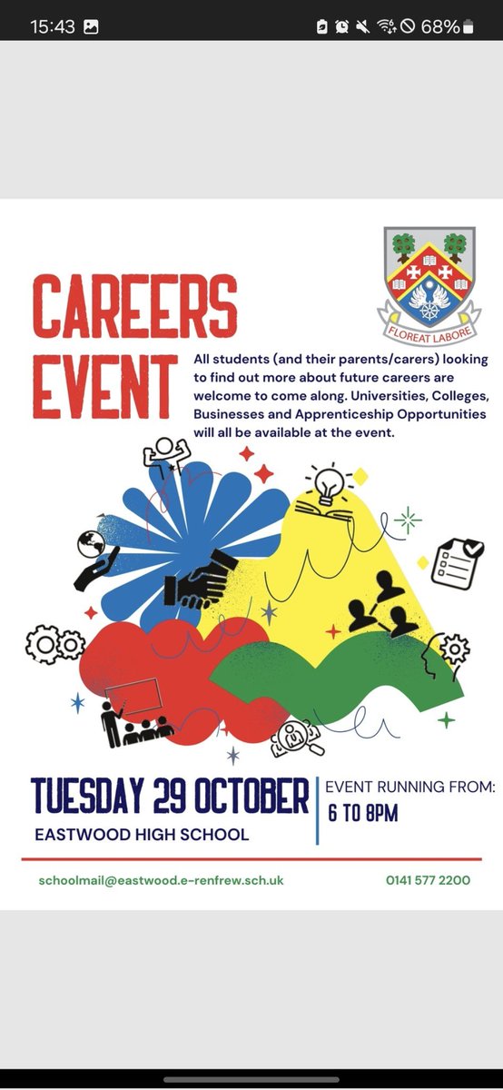 A wee reminder to any employers wishing to attend the Careers Event <a href="/EastwoodHighERC/">Eastwood High School</a> next Tues, there's still time to sign up! Comment below or send an email to:  SchoolMail@eastwood.e-renfrew.sch.uk <a href="/DYWEastRen/">DYW EastRen</a> <a href="/DYWWEST/">DYW West</a>