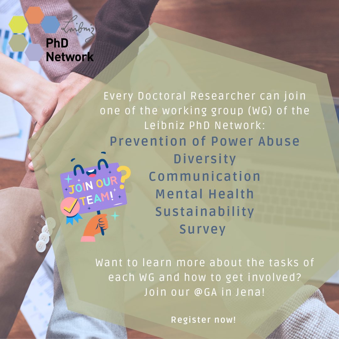 🧠 Join the General Assembly, 15-16 November in Jena!

🔗 Register here: indico.leibniz-fli.de/event/9/regist…

📝 Learn more about the working groups of Leibniz PhD Network: leibniz-phd.net/about/working-…
#leibnizphdnet #ga2024
