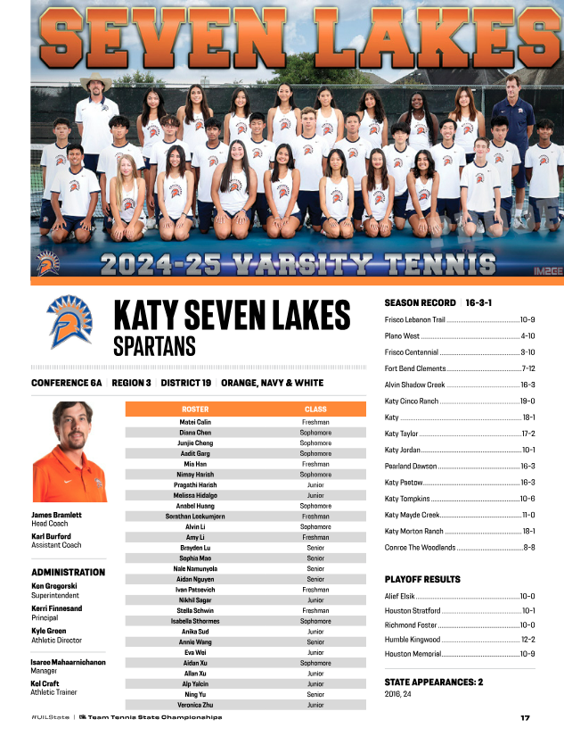 Good luck to <a href="/sltenniscoach/">Seven Lakes Tennis</a> at the UIL State Team Tennis Championships! The Spartans head to Waco today at 3pm. Their first match is tomorrow at 11:30AM against Allen.