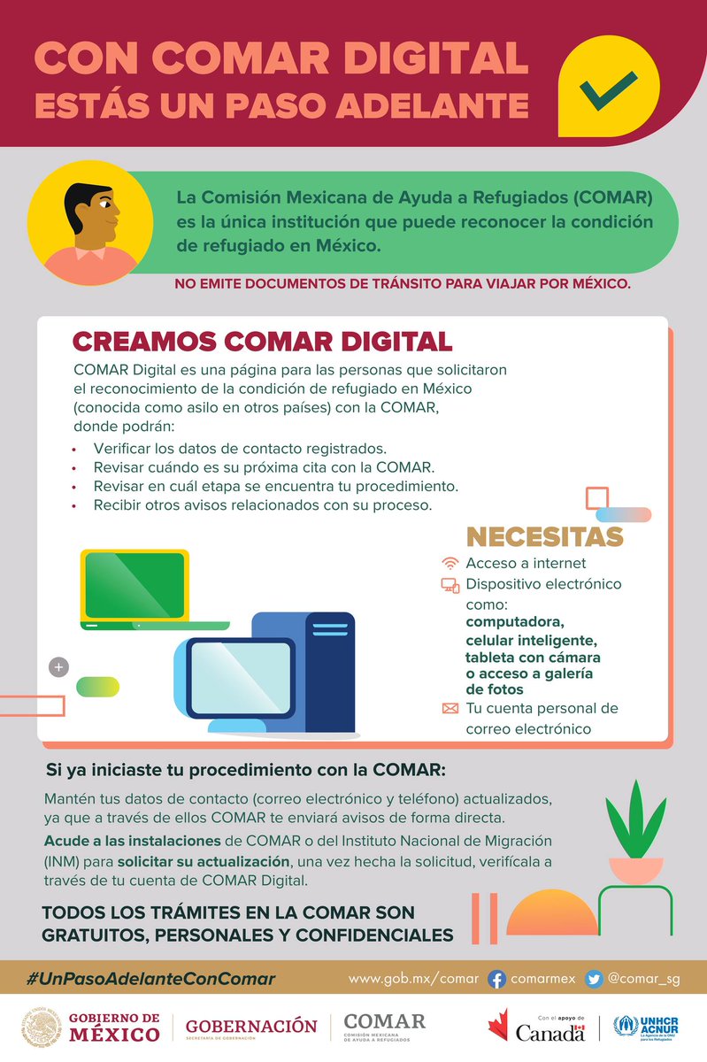 ¡Conéctate con COMAR digital! 

Esta plataforma te permite verificar el estado de tu solicitud de la condición de refugiado en México 🇲🇽 y recibir avisos.

🗣️Disponible en 4 idiomas. 🇪🇸🇺🇸🇫🇷🇭🇹
💻 comar-sire.com/pre-registro

<a href="/comar_sg/">Comisión Mexicana de Ayuda a Refugiados</a>