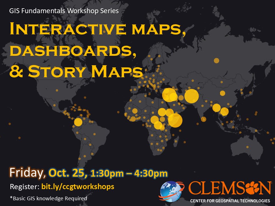 Please join us for our last GIS workshop this semester, Interactive Maps, Dashboards, &amp; Story Maps, at 1:30 p.m. EST on Friday, October 25th! You can attend online or in person (Cooper 406A and 412). Register at: bit.ly/ccgtworkshops
#clemsonuniversity #GIS
