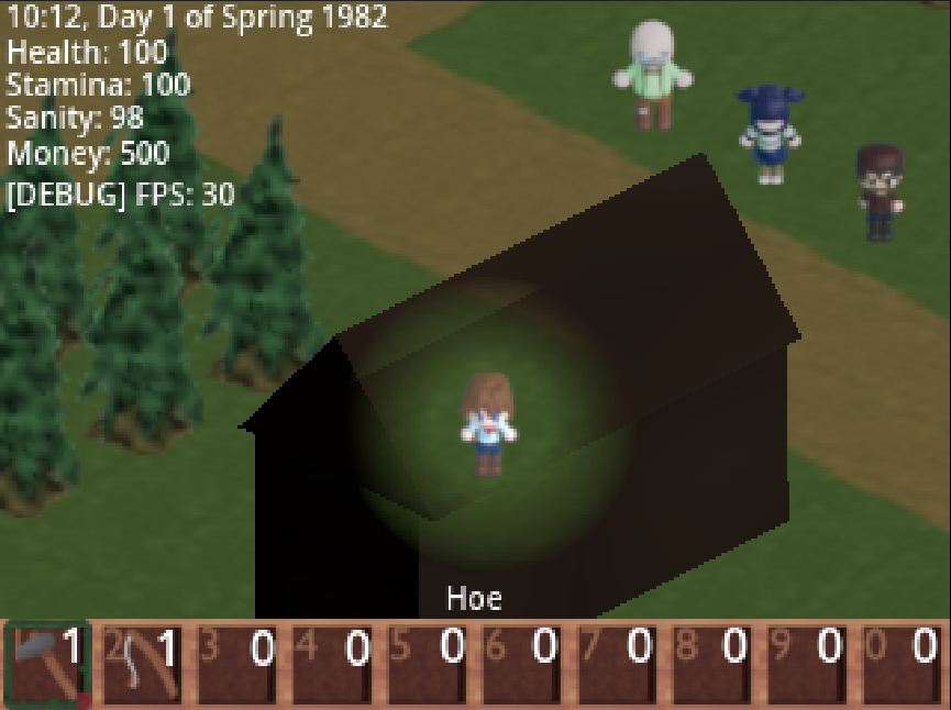 ReapNSowGame's tweet photo. We are now working on a transparency effect when walking behind buildings! It's a work in progress, but getting somewhere! #programming #newgame #godot https://t.co/2gCgcRt7et