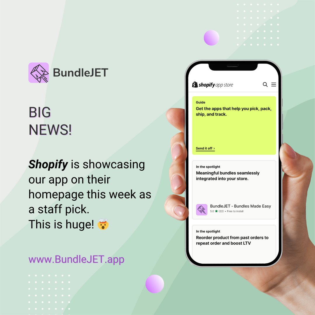 zmartive's tweet photo. Big news! This week we are nominated to be featured as the staff pick on the homepage of the Shopify App Store.

Find out more about us at https://t.co/kk0FlndDLP

#Inthespotlight #BundleJET #Shopifygrowth #BuiltForShopify #ShopifyApp https://t.co/B17rtwrRWr