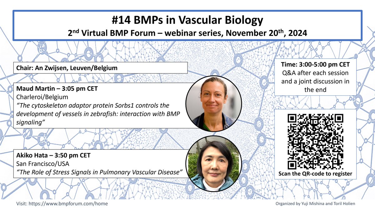 Another great session coming up!  
"BMPs in Vascular Biology" in the 2nd Virtual BMP Forum chaired by An Zwijsen.  
Speakers are Maud Martin and Akiko Hata.
Happening Nov 20th at 3 pm CET.  Please sign up and spread the word 👇🙏
docs.google.com/forms/d/1VXA1a…