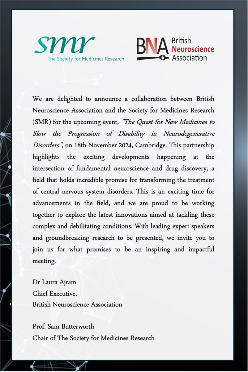 We are delighted to collaborate with <a href="/BritishNeuro/">British Neuroscience Association</a> on organising this unique event focussing on drug discovery for neurodegenerative disorders.
Please, join us following the registration link lnkd.in/ef2pAuSM