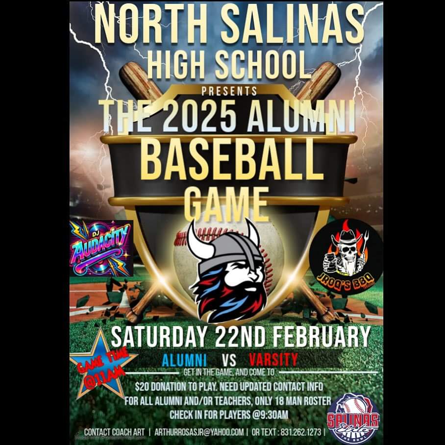 NorthSalinasHS's tweet image. 🌟 Calling all North Salinas High School alumni! Join us for the 2025 Alumni Game—18 roster spots available! Enjoy baseball, JROQ’s BBQ, and DJ AUDACITY. Spread the word and support the program! Questions? Contact Coach Art! ⚾️ #AlumniGame #NSHS