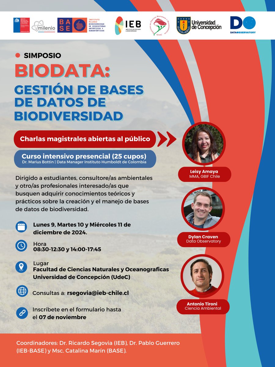 🔔 ¡Pre-inscríbete al Simposio BIODATA: Gestión de datos de biodiversidad! 🔔

📅 Fecha: 9, 10 y 11 de diciembre
📍 Modalidad: Presencial

Reserva tu lugar ahora!

👉 Pre-inscripción aquí: forms.gle/PWR4uiyrBW3Tm8…

¡Te esperamos! 🌱