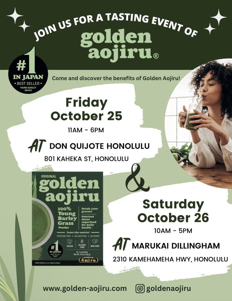 This Saturday, October 26 from 10am-5pm, we will be having a special demo sampling event for <a href="/goldenaojiru/">Golden Aojiru</a> — Japan’s #1 barley grass brand! Be sure to visit us this Saturday! #MarukaiHawaii