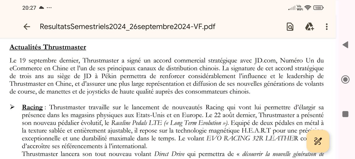 Rappel points positifs de $gui
- S1 2024 très rentable: le S2 le sera encore +
- Partenariat avec JD.com signé le 19 septembre
- Sortie de nouveautés majeures au T4
- Sortie de MSFS 19/11
- Prog. de rachat d' actions
- Les Guillemots se renforcent
- Aucune dette