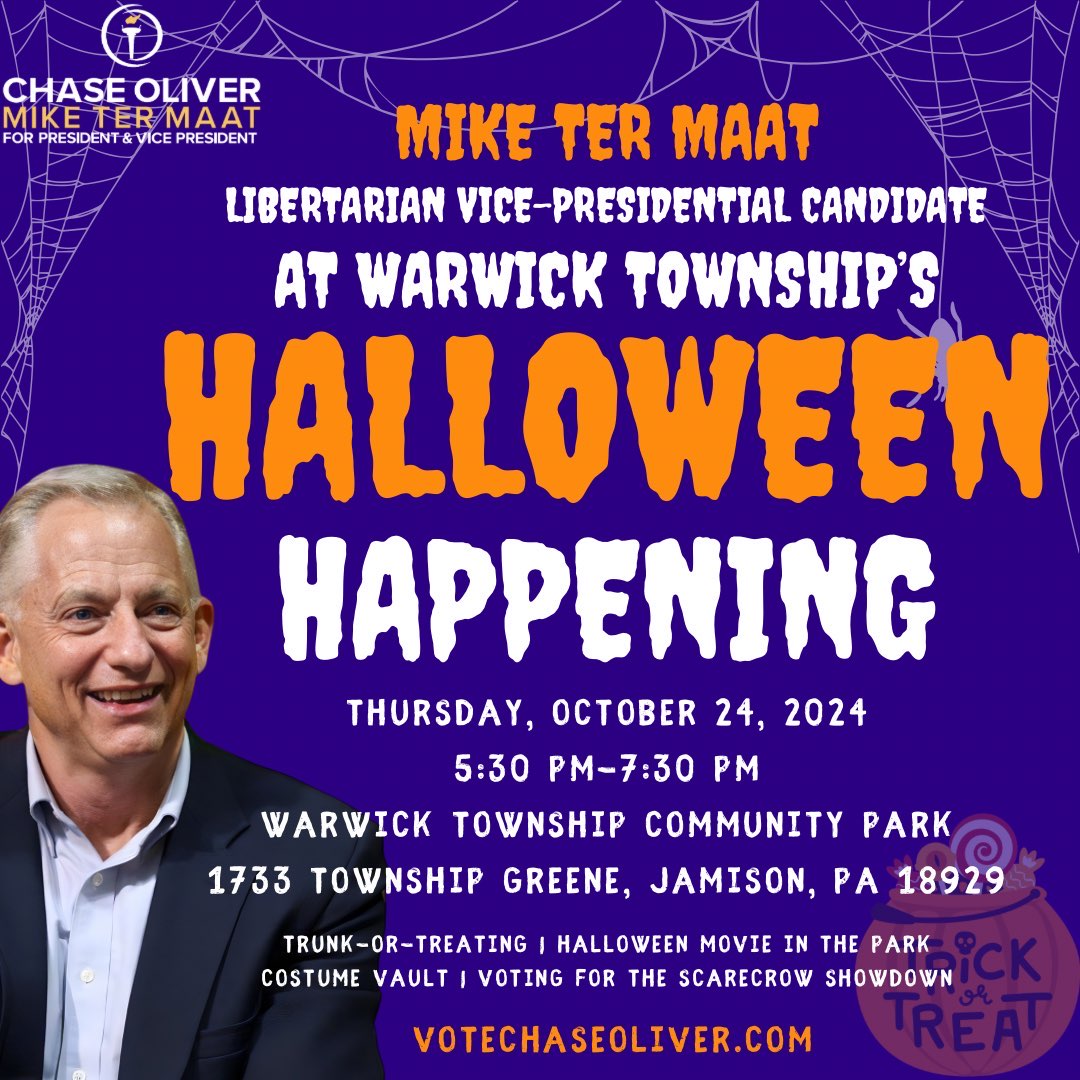 Libertarian VP candidate @MikeTerMaat4VP will be in Bucks County, PA, at Warwick Township’s Halloween Happening! 🎃