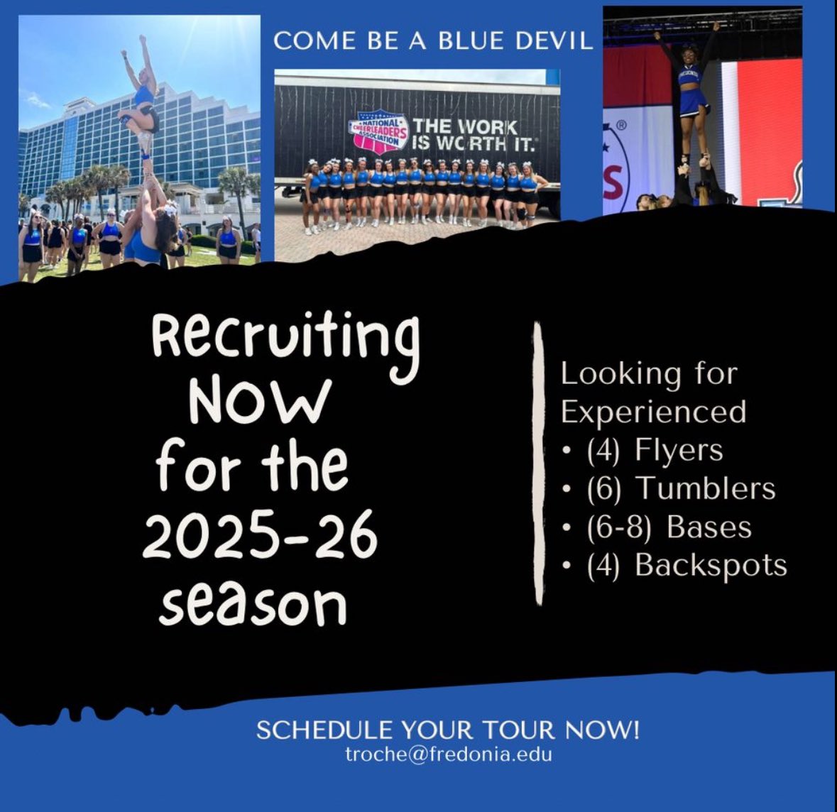 Fredonia State Cheer (@fredonia_cheer) on Twitter photo Are you interested in cheering in college?!Come join Blue Devils Cheerleading here at Fredonia! We would love to add you to our family! 🤍💙
Email: Troche@fredonia.edu Are you interested in cheering in college?!Come join Blue Devils Cheerleading here at Fredonia! We would love to add you to our family! 🤍💙
Email: Troche@fredonia.edu