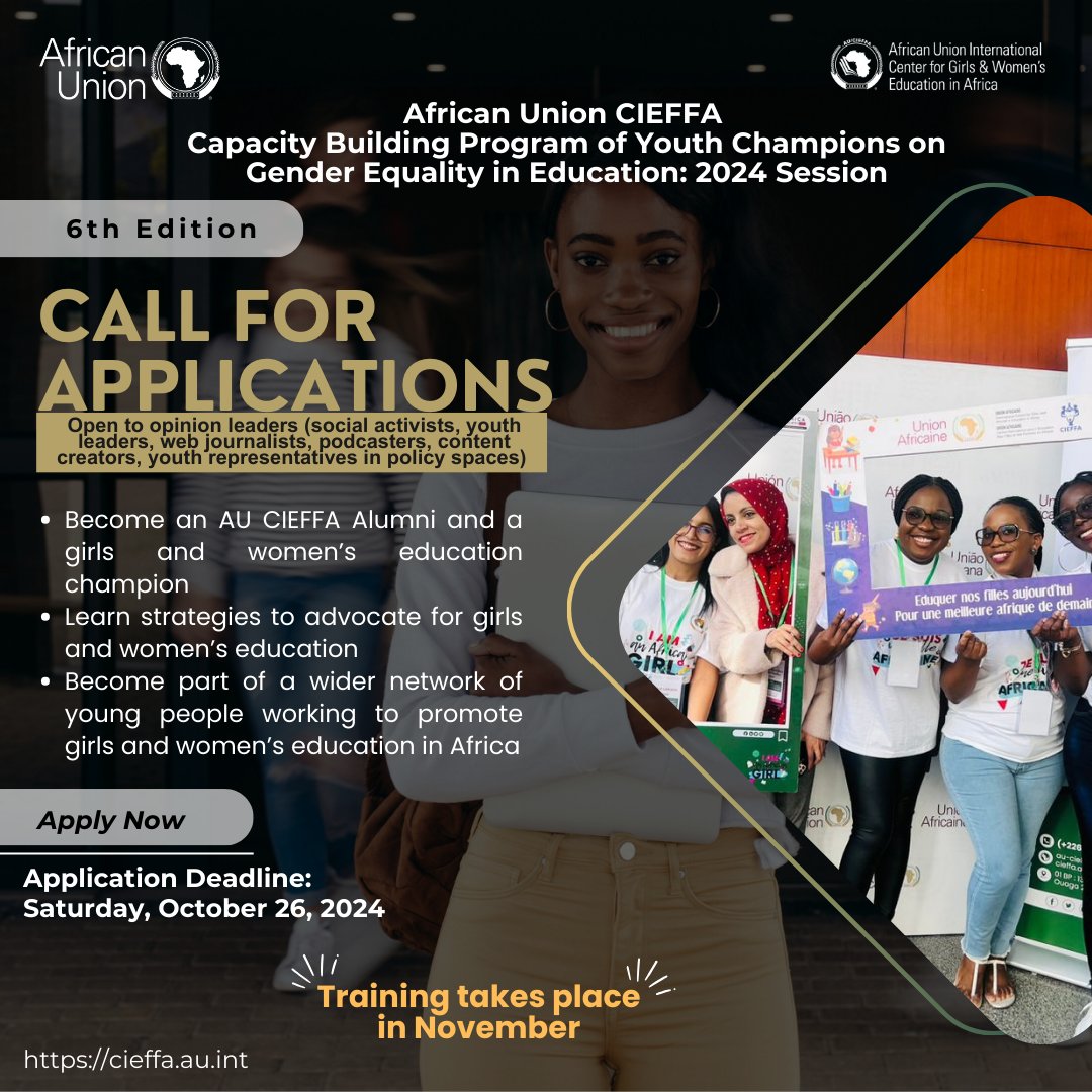 We have exciting news!!🎉🎉
The African Union CIEFFA Capacity Building Program of Youth Champions on Gender Equality in Education: 2024 Session has been launched and we are receiving applications.
𝗟͟𝗲͟𝗮͟𝗿͟𝗻͟ 𝗺͟𝗼͟𝗿͟𝗲͟ 𝗮͟𝗻͟𝗱͟ 𝗮͟𝗽͟𝗽͟𝗹͟𝘆͟ :͟ cieffa.au.int/en/news/update…