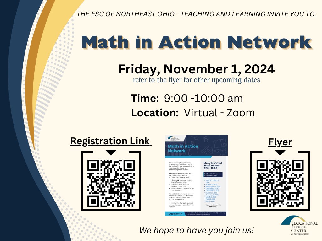 ESC of Northeast Ohio Teaching & Learning (@esc_teach) on Twitter photo 🚨 Attention Math Leaders! 🚨
Join the Math in Action Network’s monthly virtual sessions to elevate math education!
📅 Nov 1, 2024
🕘 9-10 AM
📍 Virtual - Zoom
🔗 Register: tinyurl.com/MathinActionNo…
📄 Flyer: tinyurl.com/MathinActionFl…
#Education #Math <a href="/ESCNortheastOH/">ESCNortheastOhio</a> #ESCNEO 🚨 Attention Math Leaders! 🚨
Join the Math in Action Network’s monthly virtual sessions to elevate math education!
📅 Nov 1, 2024
🕘 9-10 AM
📍 Virtual - Zoom
🔗 Register: tinyurl.com/MathinActionNo…
📄 Flyer: tinyurl.com/MathinActionFl…
#Education #Math <a href="/ESCNortheastOH/">ESCNortheastOhio</a> #ESCNEO
