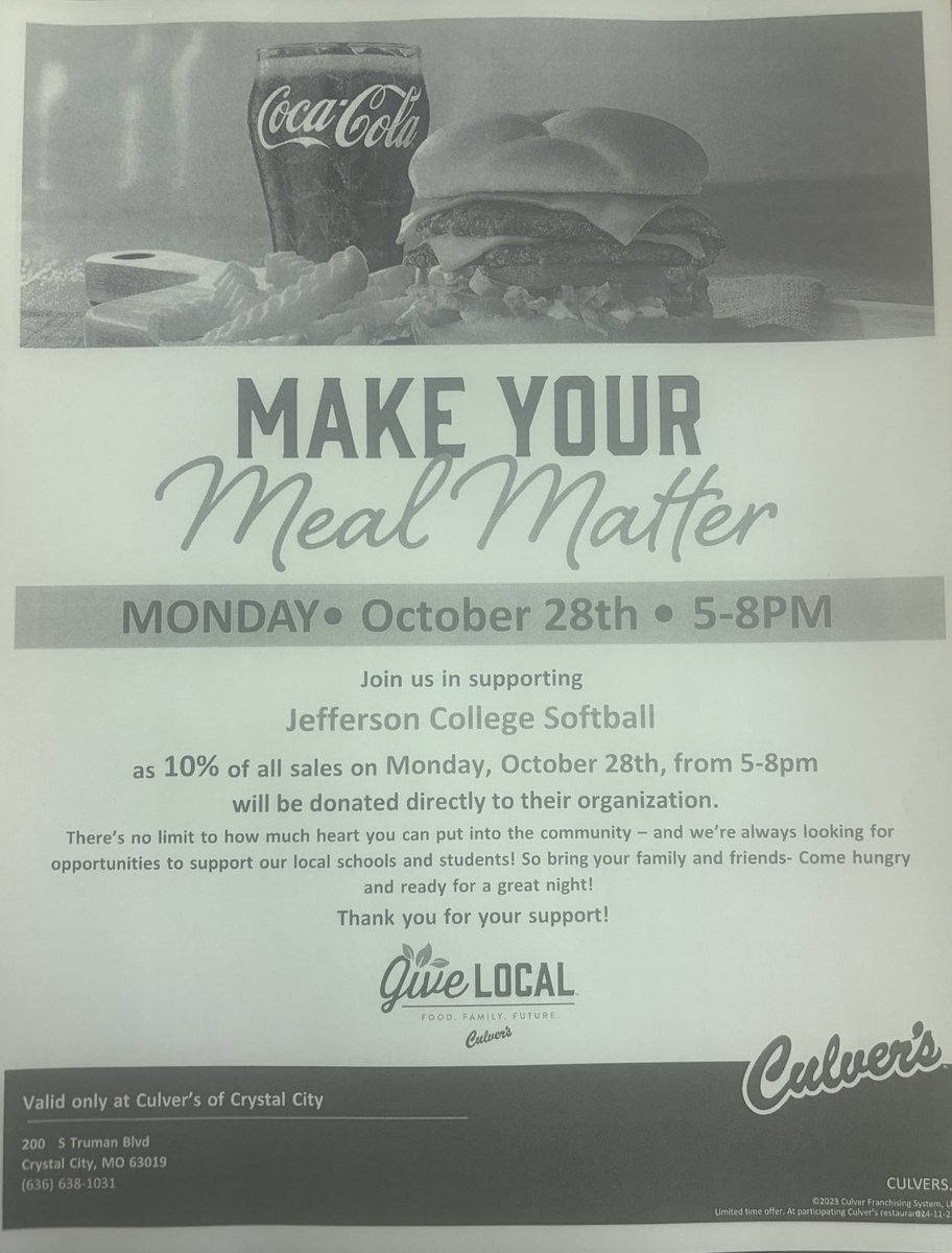 Make dinner plans for October 28th with us at Culvers’s in Crystal City! All orders help us raise proceeds to help with the upcoming season! Our players will be there to help out!