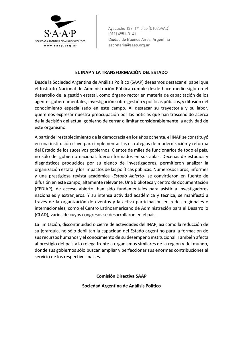 Mensaje de la Comisión Directiva de SAAP, a propósito del rol del <a href="/INAPArgentina/">INAP Argentina</a> 🏛️
