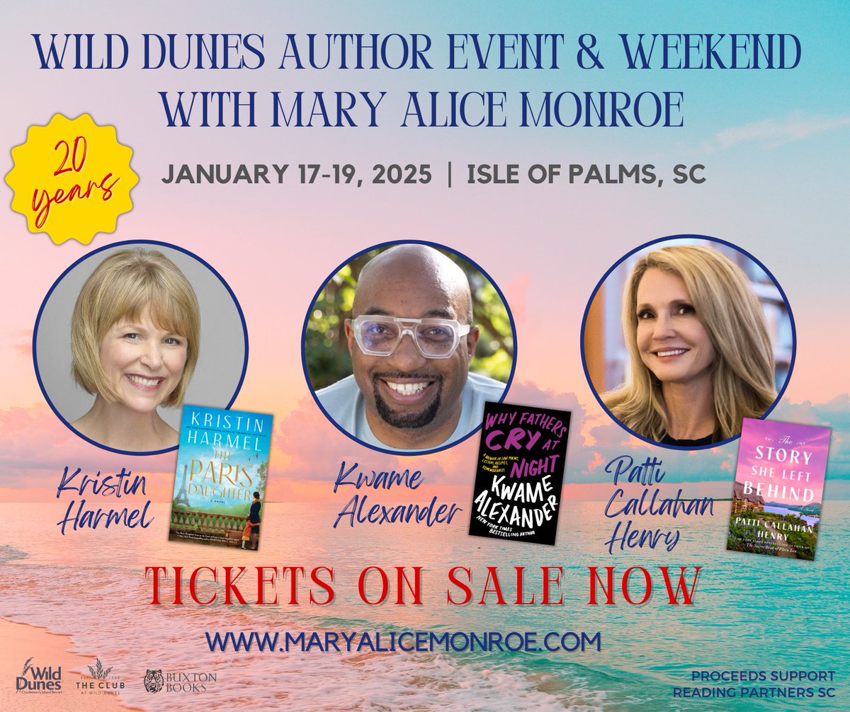 Mary Alice Monroe (@maryalicemonroe) on Twitter photo 🥁Drum roll please ... I present to you the incredibly talented <a href="/kristinharmel/">Kristin Harmel</a> <a href="/kwamealexander/">Kwame Alexander</a> and <a href="/pcalhenry/">Patti Callahan Henry</a>-- our headlining authors for the annual Wild Dunes Author Event & Weekend. Start planning your trip to #CHS! 🎟️ bit.ly/WDauthorevent
<a href="/WildDunesResort/">Wild Dunes Resort</a> <a href="/BuxtonBooks/">Buxton Books</a> 🥁Drum roll please ... I present to you the incredibly talented <a href="/kristinharmel/">Kristin Harmel</a> <a href="/kwamealexander/">Kwame Alexander</a> and <a href="/pcalhenry/">Patti Callahan Henry</a>-- our headlining authors for the annual Wild Dunes Author Event & Weekend. Start planning your trip to #CHS! 🎟️ bit.ly/WDauthorevent
<a href="/WildDunesResort/">Wild Dunes Resort</a> <a href="/BuxtonBooks/">Buxton Books</a>