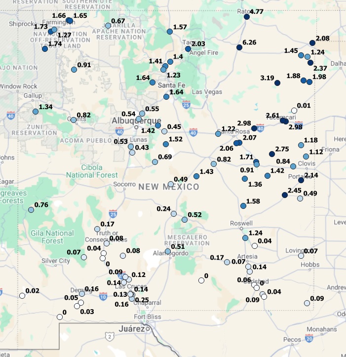 A better view of the rainfall across NM this weekend. These are rainfall totals (inches) from Friday to Sunday (Oct 18-20) from ZiaMet. Our highest amount was 6.24" at Springer. #nmwx
