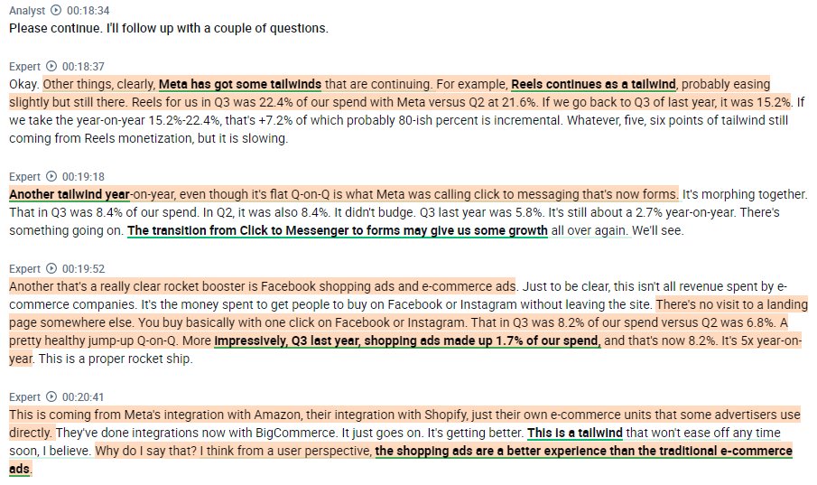Some really insightful data on Q3 $META from a digital ad agency/partner:

1. His client's Q3 spend on both $META and $GOOGL is bigger than expected. The reason is that both companies are getting better at AI.

2. For $META specific, he mentions $META's mid-quarter rollout of the