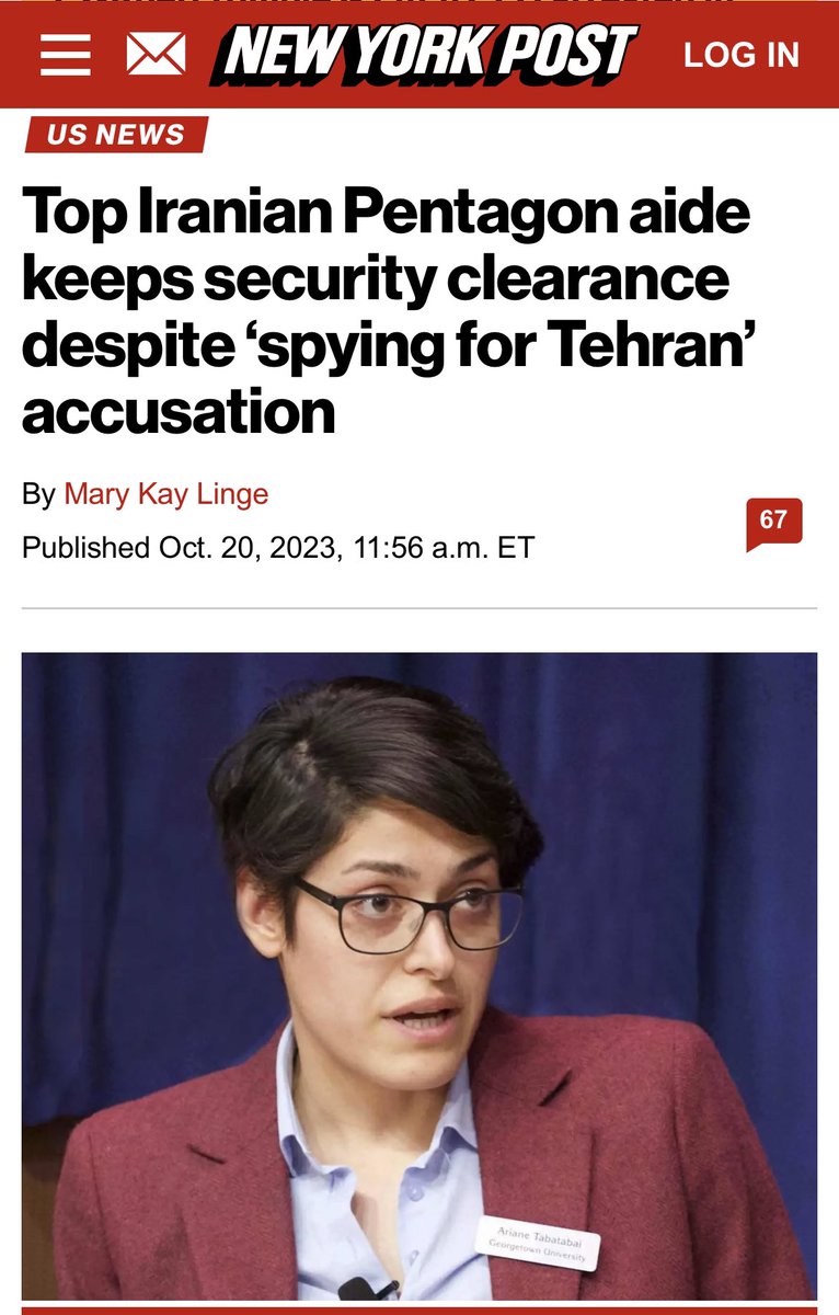 EYakoby's tweet image. Breaking: Israel Hayom reports that the leaker of classified documents from the Pentagon was Ariane Tabatabai.

Tabatabai kept her security clearance in Oct. 2023, despite credible allegations she was spying for Iran. The failure to remove her security clearance led to this.