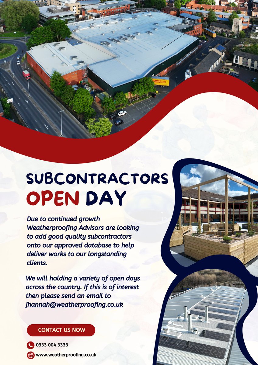 🚧 Subcontractors Open Day 🚧

As WPA continues to grow, we're expanding our team of skilled subcontractors.

🔧 Location of Works: Nationwide
🔨 Types of Works: Felt, Single Ply &amp; Cladding

#Subcontractors #NationwideOpportunities #Felt #SinglePly #Cladding #OpenDay #Growth
