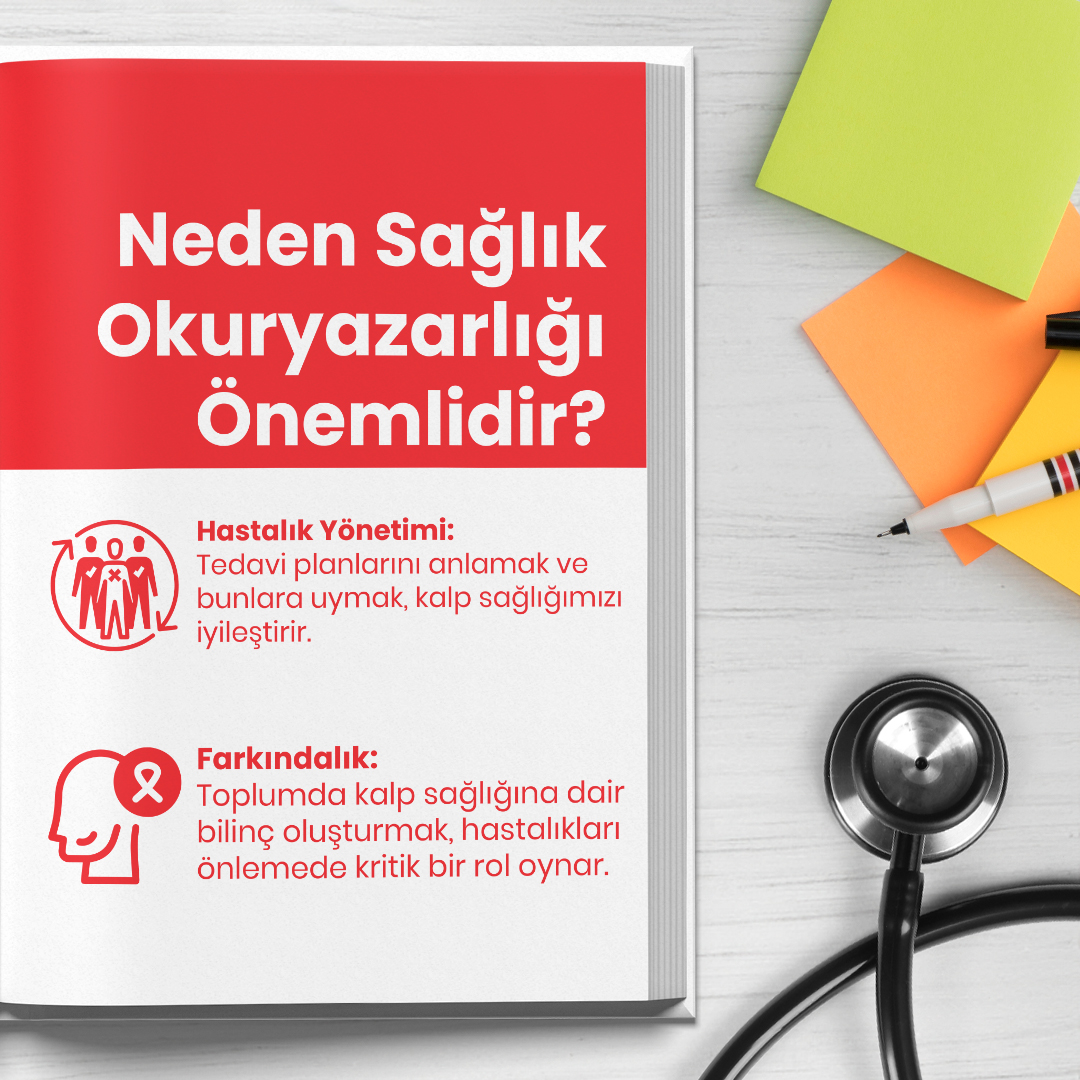 Sağlık okuryazarlığı, daha sağlıklı bir yaşam sürmek için kritik öneme sahiptir. Bugün, kalp sağlığınıza yatırım yapmanın tam zamanı!

Unutmayın, bilgi güçtür; sağlıklı seçimler yaparak kalbinizi koruyun.

#TürkKardiyolojiDerneği #TKD #SağlıkOkurYazarlığıGünü