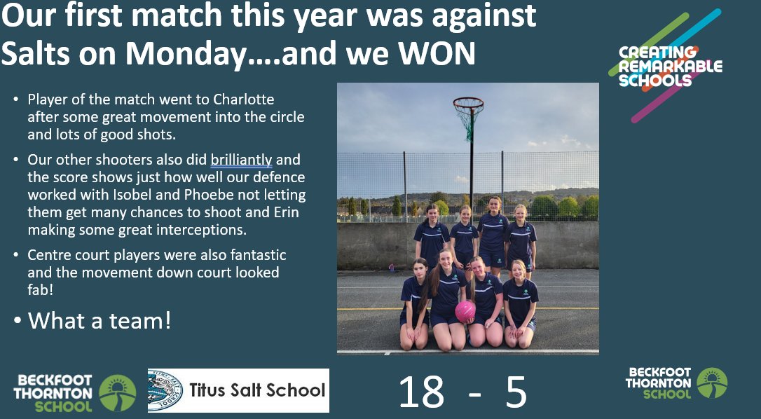 Well done to the Netball team <a href="/BeckfootThornt1/">Beckfoot Thornton</a> #prouddept