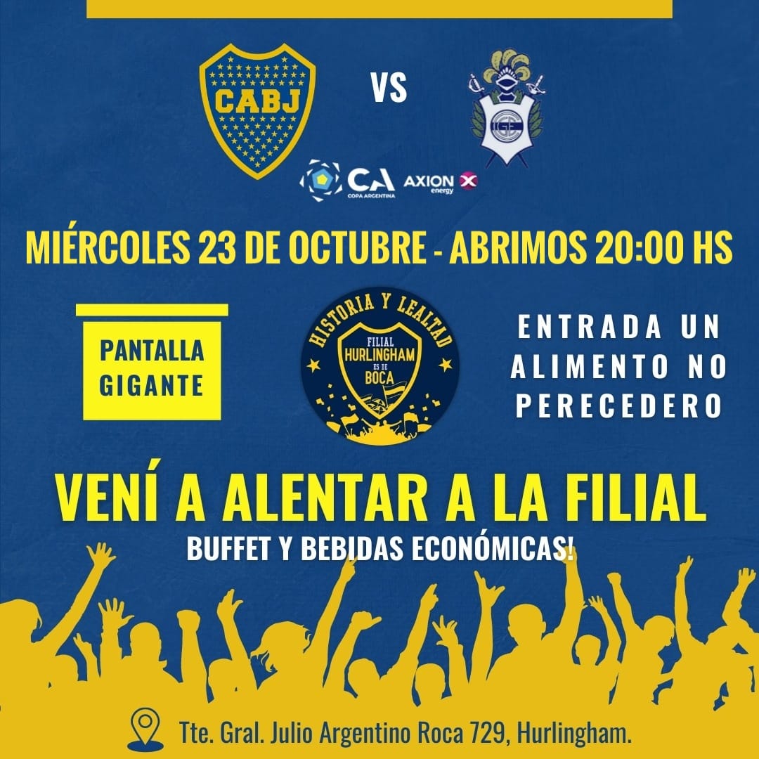 HurlinghamBoca's tweet photo. Vení a ver el partido a la Filial 🇸🇪
⚽ BOCA vs Gimnasia LP
🏆 🇦🇷 Copa Argentina
🕖 Abrimos a las 20:00 hs
🍔 Buffet y bebidas a precios económicos.
🔳 Pantalla gigante
📍Tte. Gral J.A Roca 729, Hurlingham.

⚠️ ENTRADA: UN ALIMENTO NO PERECEDERO O $1000⚠️ https://t.co/pIE66LdY0a