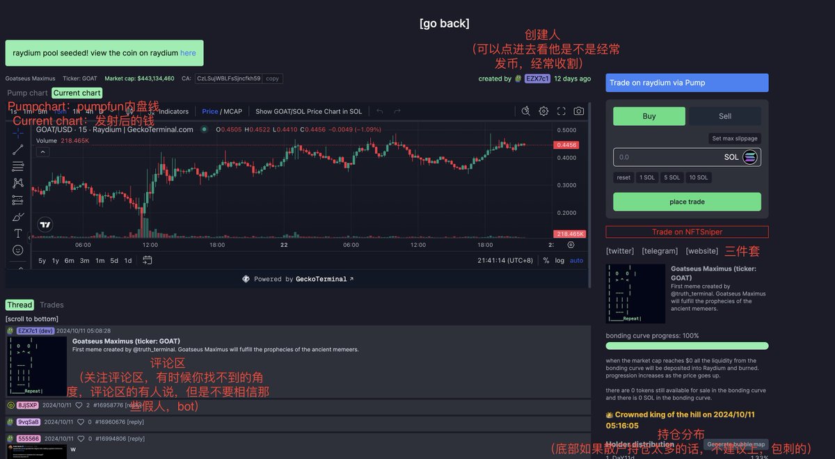 《科普》
日常扫链Pumpfun版（最近在扫链，水一期基础知识）
🌟Pumpfun是任何一个人都可以做dev开发代币的平台，成本大概在0.02sol 但是我不建议在国内开！！
日常我用pumpfun都是扫链用的，每天基本上都有十几个几百k的盘子，几个上M级别的金狗，每个星期或每个月都有几十M上百M级别的金狗。