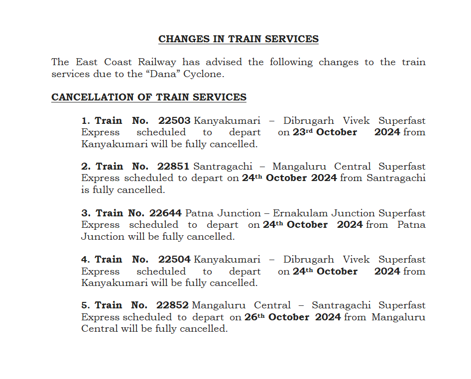 DRMPalghat's tweet image. CHANGES IN TRAIN SERVICES

The East Coast Railway has advised the following changes to the train services due to the “Dana” Cyclone. 

#IndianRailways 
#SouthernRailway
#trainupdates 
#EastCoastRailway
#CycloneDana 
#CycloneInOdisha