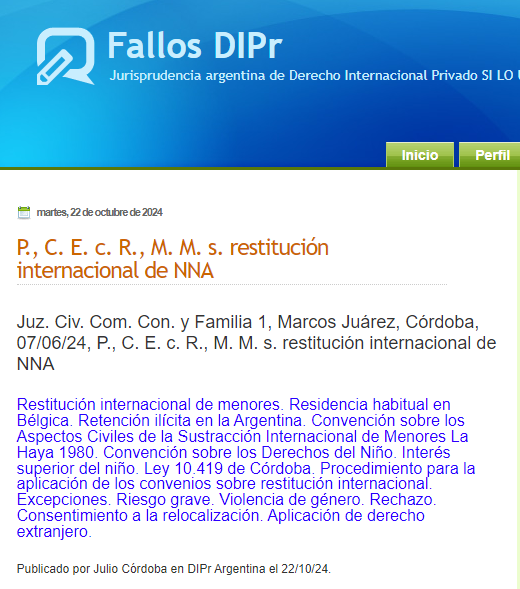 DIPrArgentina's tweet photo. El juzgado de familia de Marcos Juárez rechazó el pedido de restitución internacional de una niña a su residencia habitual en Bélgica Consideró que el padre consintió la relocalización #FallosDIPr #DIPrArgentina #RestitucionInternacional https://t.co/ZaxyQ3zplV