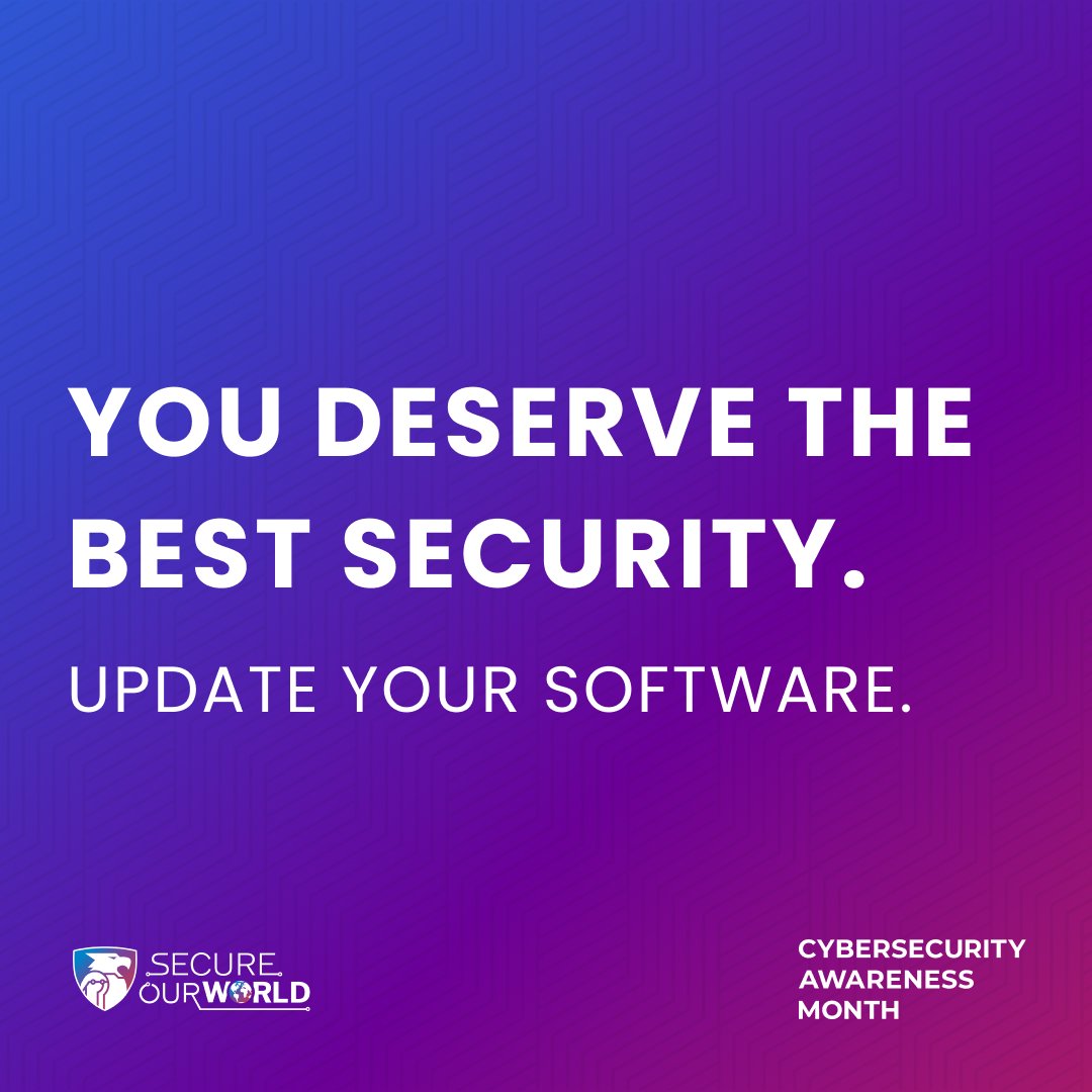 Let software updates do the heavy lifting for you. It’s that easy - by keeping your technology up-to-date, you’re getting the best security available! Learn more: cisa.gov/cybersecurity-… #CybersecurityAwarenessMonth #SecureOurWorld