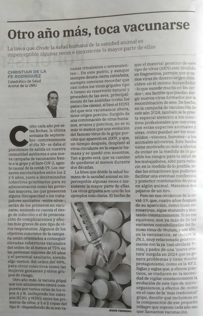 Christian de la Fe (@health_sherlock) on Twitter photo "La linea que separa la Salud humana y la Sanidad animal es imperceptible algunas veces e inexistente la mayoría de ellas"
Aquí os dejo mi colaboración habitual con <a href="/laverdad_es/">laverdad_es</a>
Hoy, hablamos de gripe y de vacunación.
#Onehealth <a href="/colvetmur/">@ColVetMur</a> <a href="/UMUdivulga/">UMU Divulga</a> "La linea que separa la Salud humana y la Sanidad animal es imperceptible algunas veces e inexistente la mayoría de ellas"
Aquí os dejo mi colaboración habitual con <a href="/laverdad_es/">laverdad_es</a>
Hoy, hablamos de gripe y de vacunación.
#Onehealth <a href="/colvetmur/">@ColVetMur</a> <a href="/UMUdivulga/">UMU Divulga</a>