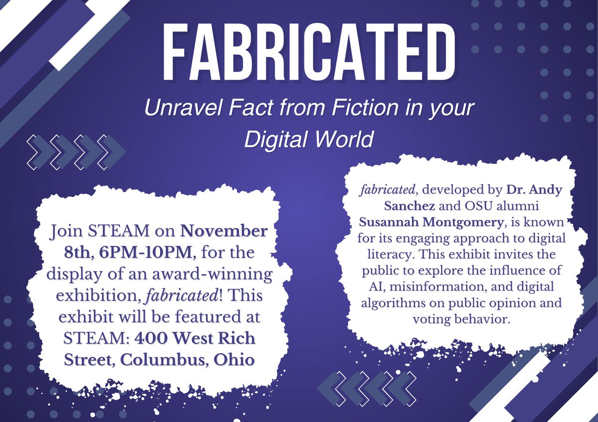 Ohio State University alumna, Susannah Montgomery, is returning to Columbus with her acclaimed interactive exhibition, "fabricated". Join us November 8 from 6:00 PM – 10:00 PM to engage with this interactive art exhibit!!