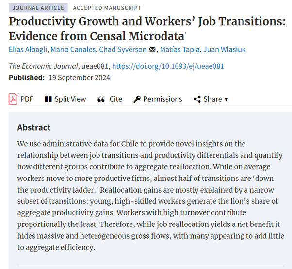 Forthcoming in EJ: ‘Productivity Growth and Workers’ Job Transitions: Evidence from Censal Microdata’ by Elías Albagli, Mario Canales, Chad Syverson, Matías Tapia, Juan Wlasiuk doi.org/10.1093/ej/uea… <a href="/ChadSyverson/">Chad Syverson</a> <a href="/RoyalEconSoc/">Royal Economic Society</a> @OUPEconomics #EconTwitter