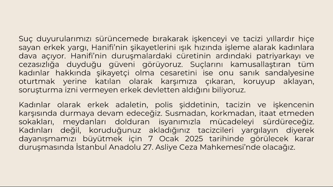 KBGuclu's tweet photo. Hanifi Zengini Aklayamazsınız! 
Kadınları değil; koruduğunuz akladığınız tacizcileri yargılayın diyerek dayanışmamızı büyütmek için 7 Ocak 2025 tarihinde görülecek karar duruşmasında İstanbul Anadolu 27. Asliye Ceza Mahkemesinde olacağız. https://t.co/F5r7AF3EAc