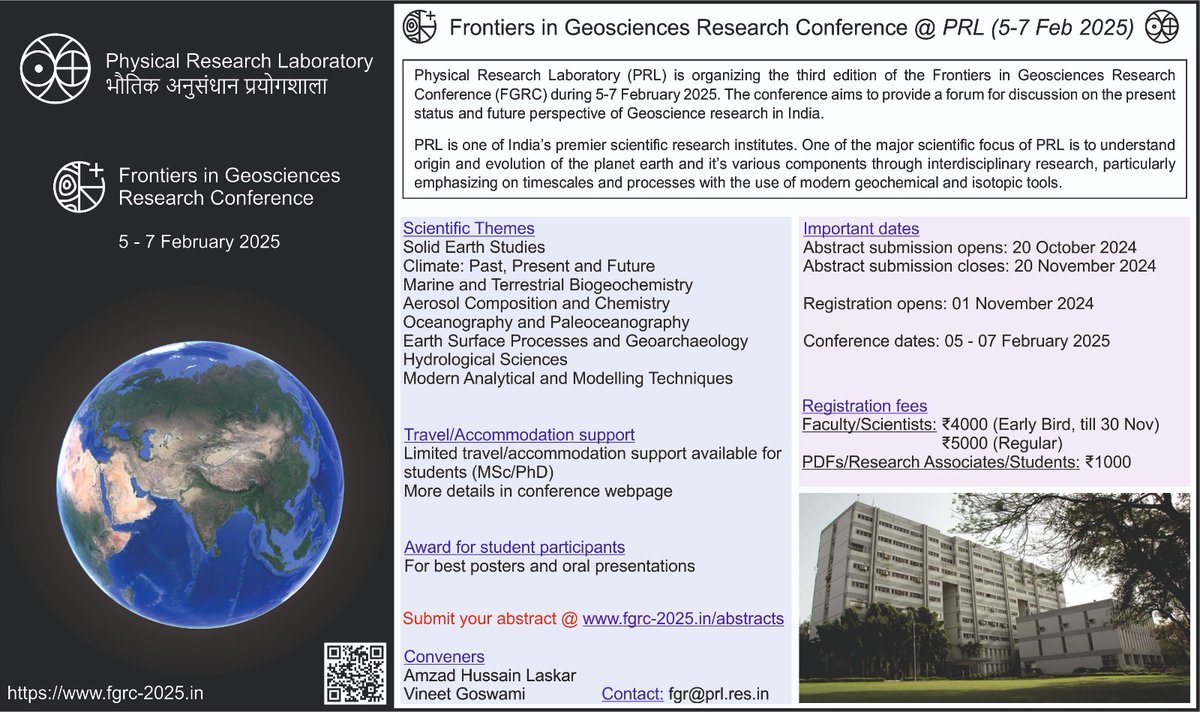 Geosciences Division (PRL) (@gsdn_prl) on Twitter photo FGRC conference will be held at <a href="/PRLAhmedabad/">PRL Ahmedabad</a> during February 5-7, 2025 with themes including different streams of Geosciences.
Save the dates!
Submit your abstract by Nov 20th FGRC conference will be held at <a href="/PRLAhmedabad/">PRL Ahmedabad</a> during February 5-7, 2025 with themes including different streams of Geosciences.
Save the dates!
Submit your abstract by Nov 20th