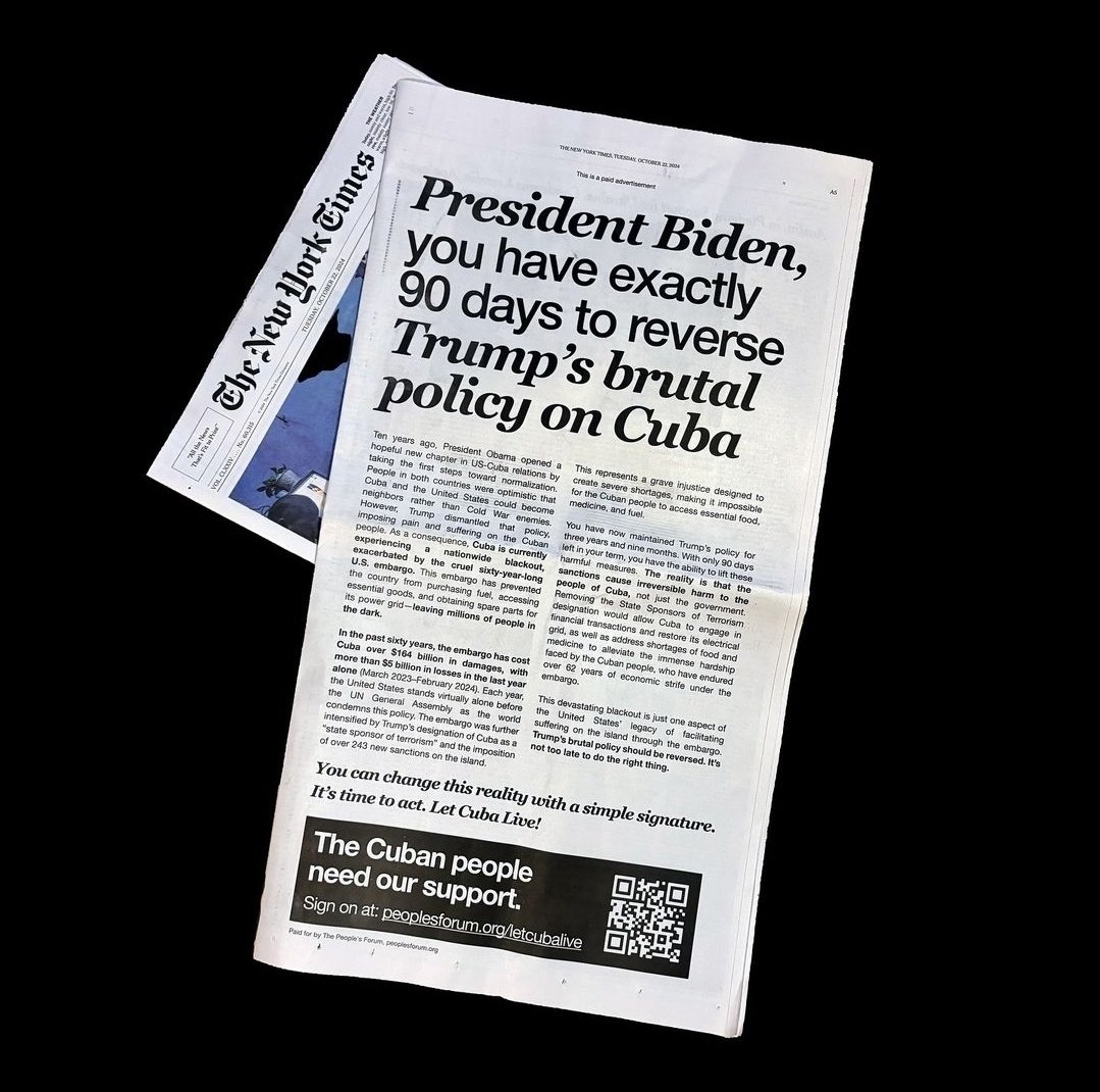 ldejesusreyes's tweet photo. "Presidente Biden, usted tiene exactamente 90 días para revertir la brutal política de Trump hacia Cuba"

🇨🇺🇺🇸 Una carta abierta se publica este martes en el @nytimes para exigir a la administración Biden dar marcha atrás a las políticas de agresión contra #Cuba impuestas por el expresidente Trump.

A 90 días de abandonar la Casa Blanca, Biden sigue sin cumplir sus promesas de campaña con respecto a la isla.

Para muchos, su inacción ha sido un apoyo tácito a las políticas de estrangulamiento reforzadas por el Republicano y una traición a la postura del que fuera en su momento su presidente Barack Obama, quien apostó por una relación más cercana con Cuba.