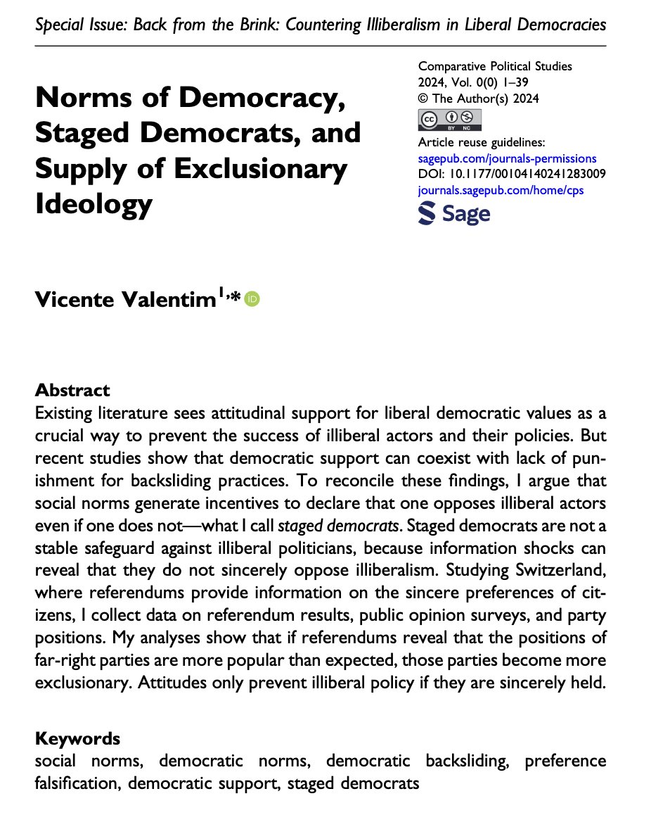 Vicente Valentim (@valentimvicente) on Twitter photo New paper out in <a href="/cps_journal/">Comparative Political Studies</a> journals.sagepub.com/doi/10.1177/00…
Can attitudes safeguard liberal democracy?
Only if they are sincere, I argue.
If they aren't, illiberal politicians may realize that some citizens are "staged democrats" & have an incentive to become more exclusionary.
1/9 New paper out in <a href="/cps_journal/">Comparative Political Studies</a> journals.sagepub.com/doi/10.1177/00…
Can attitudes safeguard liberal democracy?
Only if they are sincere, I argue.
If they aren't, illiberal politicians may realize that some citizens are "staged democrats" & have an incentive to become more exclusionary.
1/9