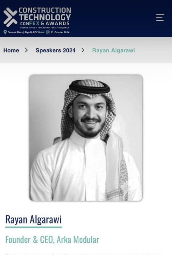 في مؤتمر ومعرض تكنولوجيا البناء الذي يقام بالرياض في 23-10-2024. سيتحدث المدير التنفيذي لشركة أركا الأستاذ ريان القرعاوي

At the Construction Technology Conference and Exhibition held in 
Riyadh on 23-10-2024. The CEO of Arka 
Mr. Ryan Al-garawi, will speak

#CTFKSA202