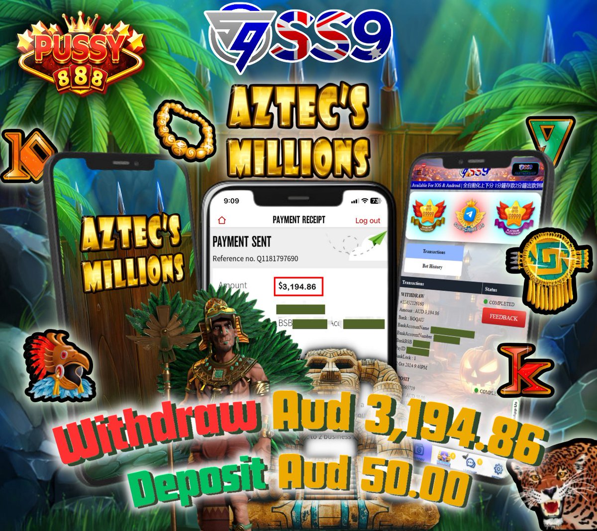 SS9AU_NET's tweet photo. 📷Play Satisfy with Surprise📷
📷 SS9 Australia📷 | E-Wallet 📷

DEPOSIT :  AUD $200.00
PROVIDER (GAME) :  PUSSY 888
( AZTEC'Z MILLIONS)
WITHDRAW :  AUD $816.41 https://t.co/Ha4glcxOGT